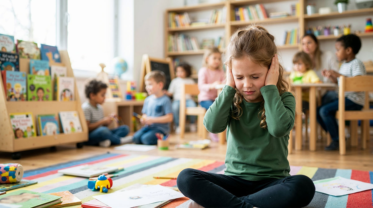 autistic child covering ears in class